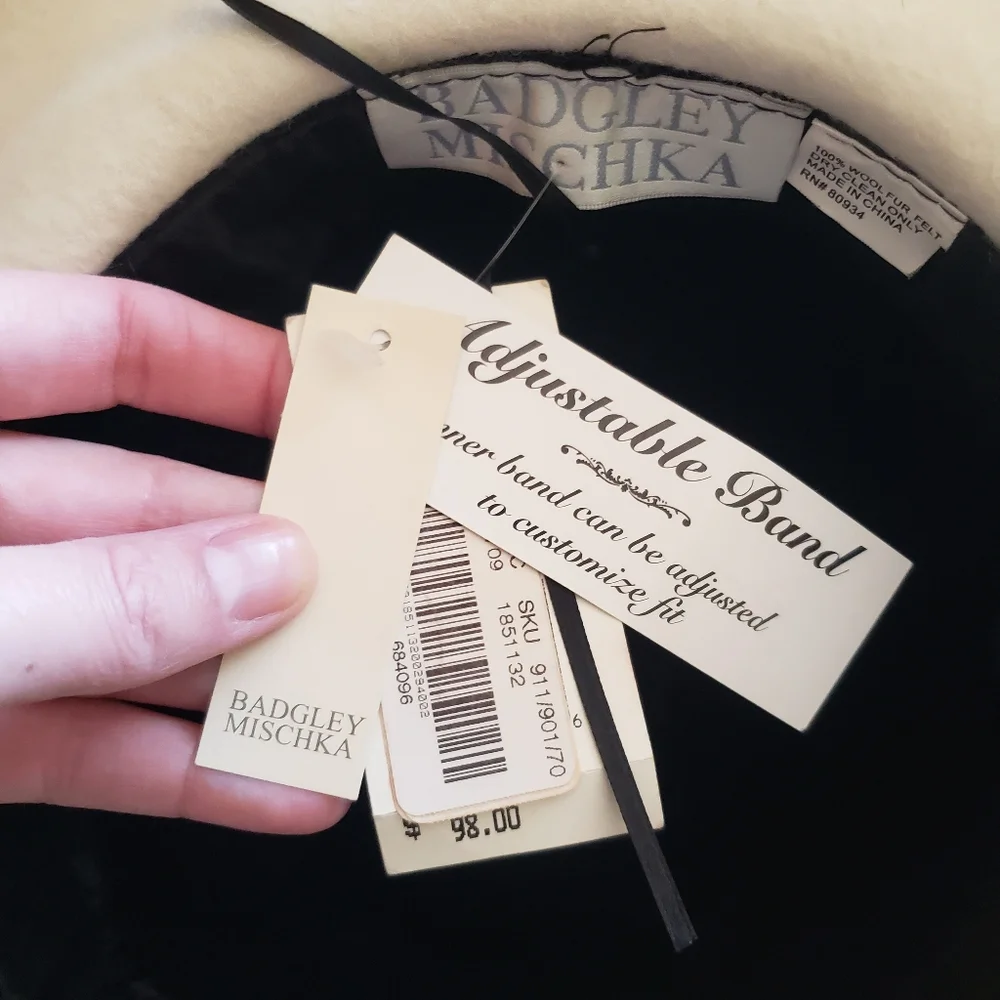 Badgley Mischka Black Topper with White Brim and Feather Accent